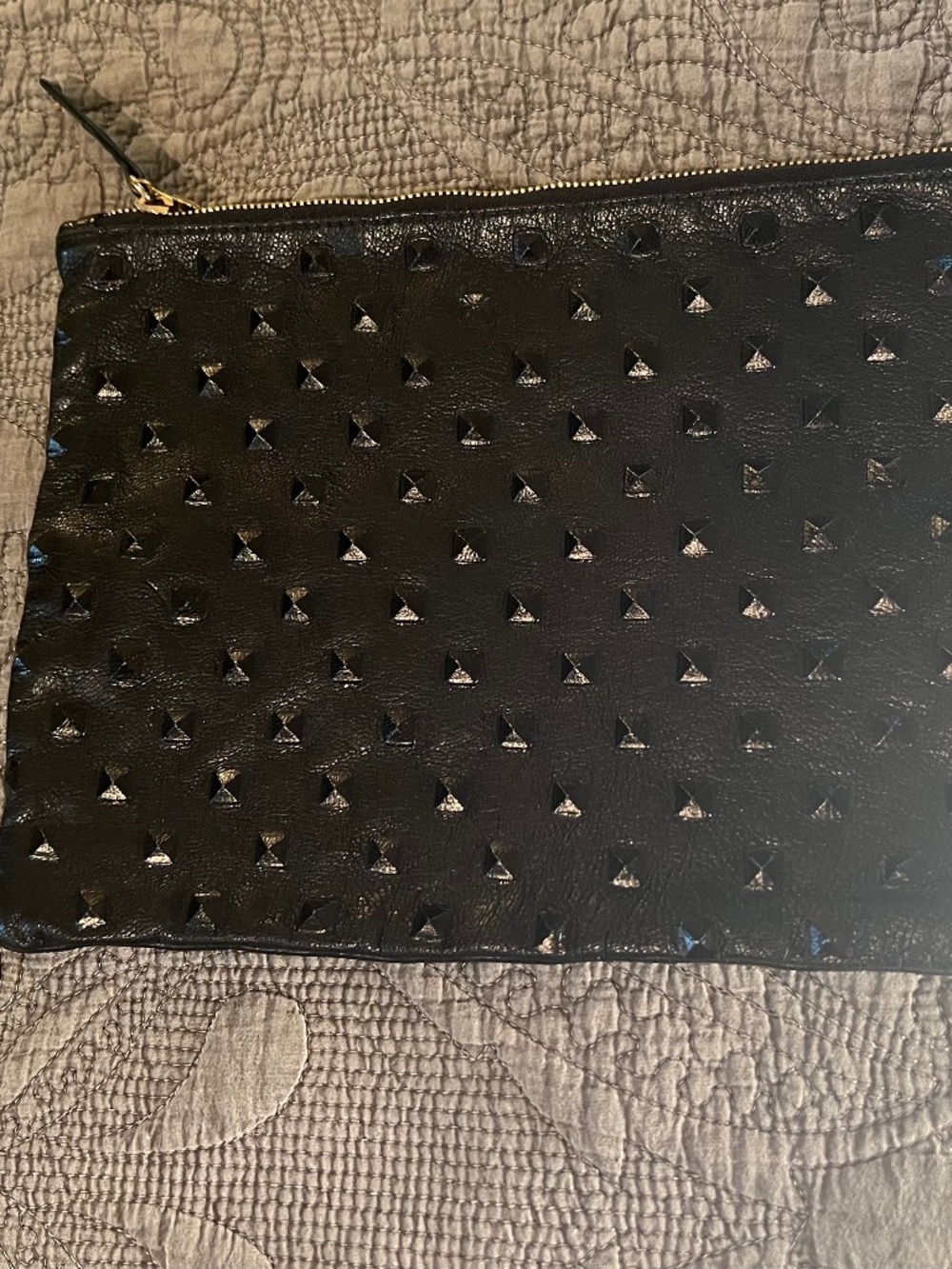 Claire Vivier Fold Over Pyramid Studded Leather Zip Clutch in Black Leather